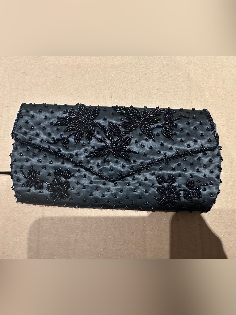 Vintage Goldco Black Beaded Floral Satin Clutch